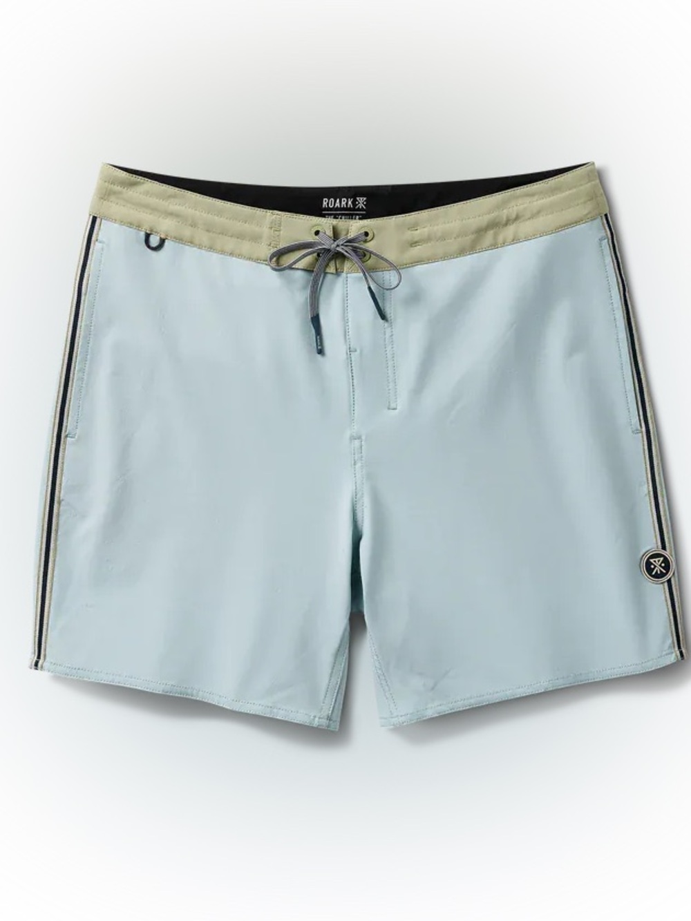 Roark Men's Light Blue Swim Board Shorts with Olive Waistband